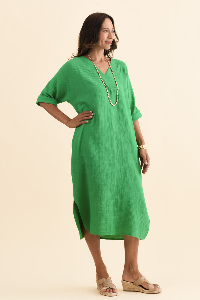 Roma Green Cotton Cheesecloth Dress,Brunette model,alt text|model:Cara