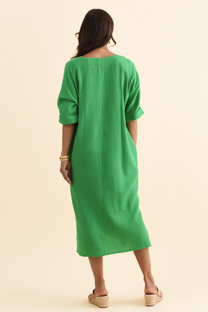 Roma Green Cotton Cheesecloth Dress,Brunette model,alt text|model:Cara