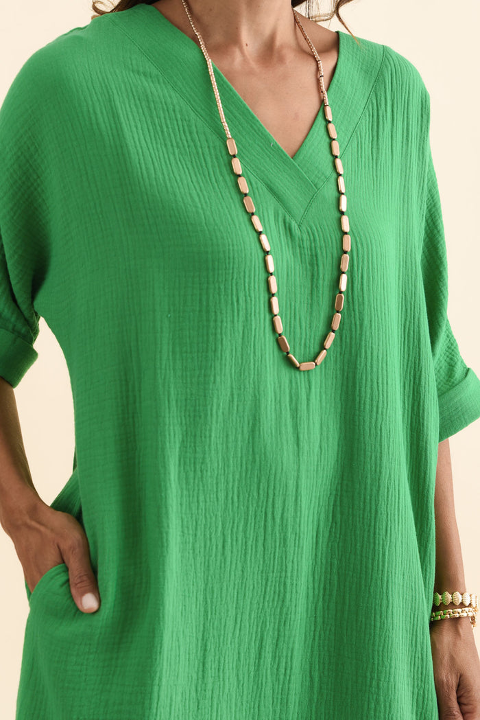 Roma Green Cotton Cheesecloth Dress,Brunette model,alt text|model:Cara