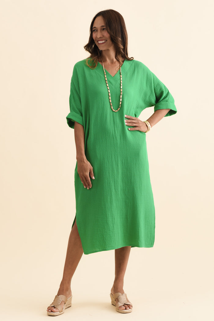 Roma Green Cotton Cheesecloth Dress,Brunette model,alt text|model:Cara