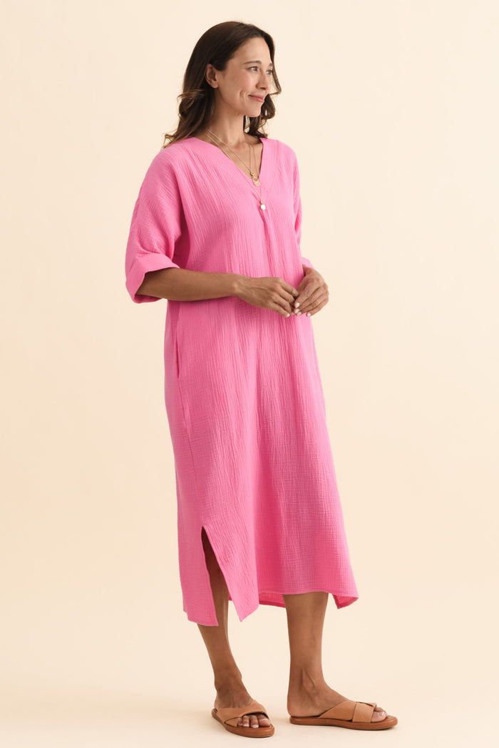 Roma Pink Cotton Cheesecloth Dress,Brunette model,alt text|model:Cara