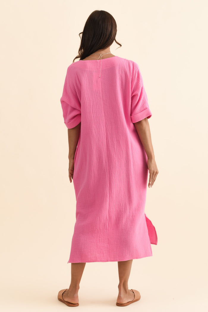 Roma Pink Cotton Cheesecloth Dress,Brunette model,alt text|model:Cara
