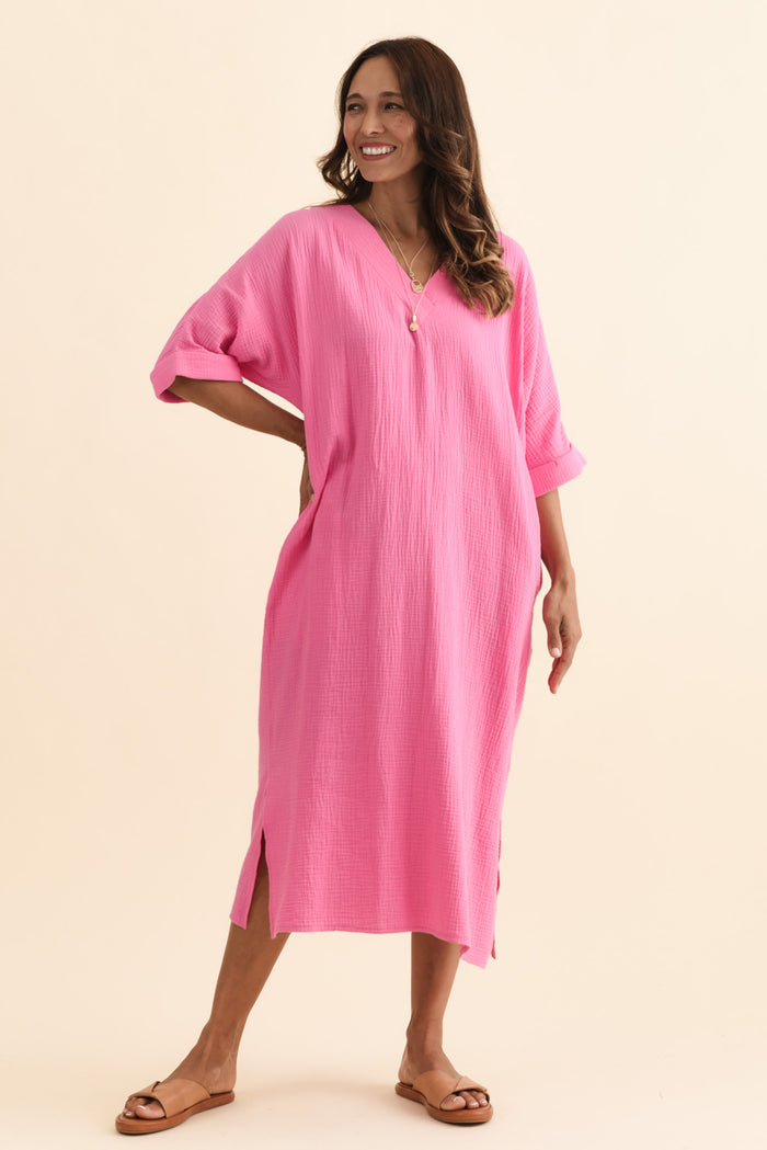 Roma Pink Cotton Cheesecloth Dress,Brunette model,alt text|model:Cara