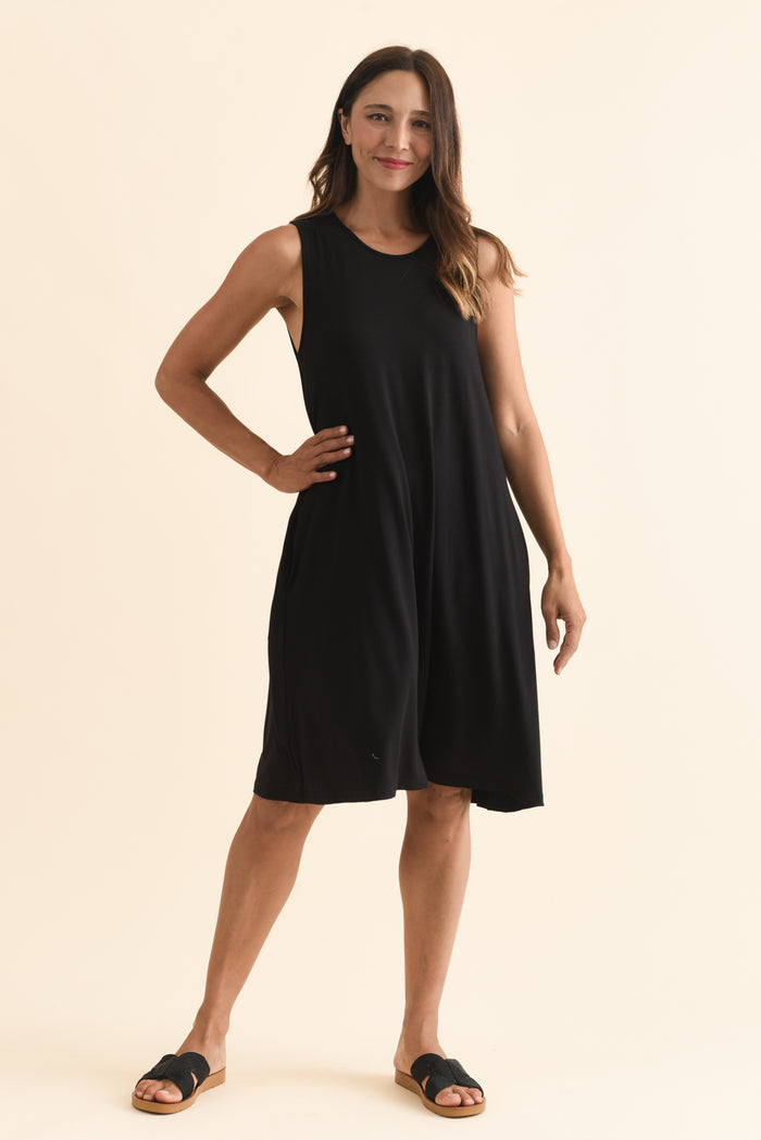 Romilda Black Bamboo Tank Dress,Brunette model,alt text|model:Cara