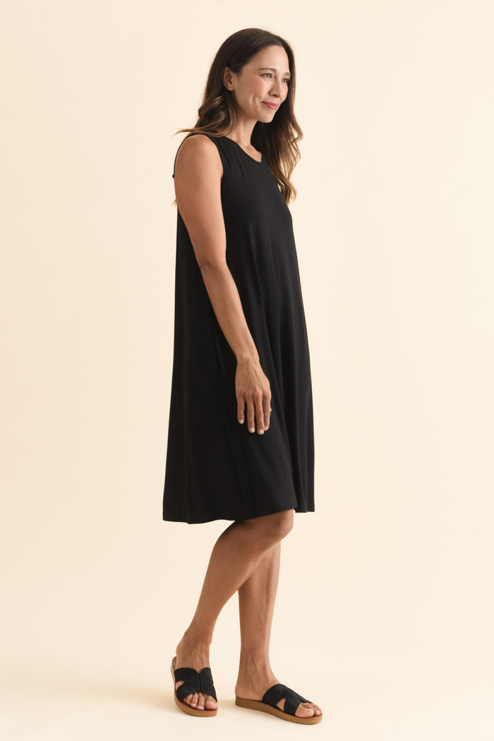 Romilda Black Bamboo Tank Dress,Brunette model,alt text|model:Cara