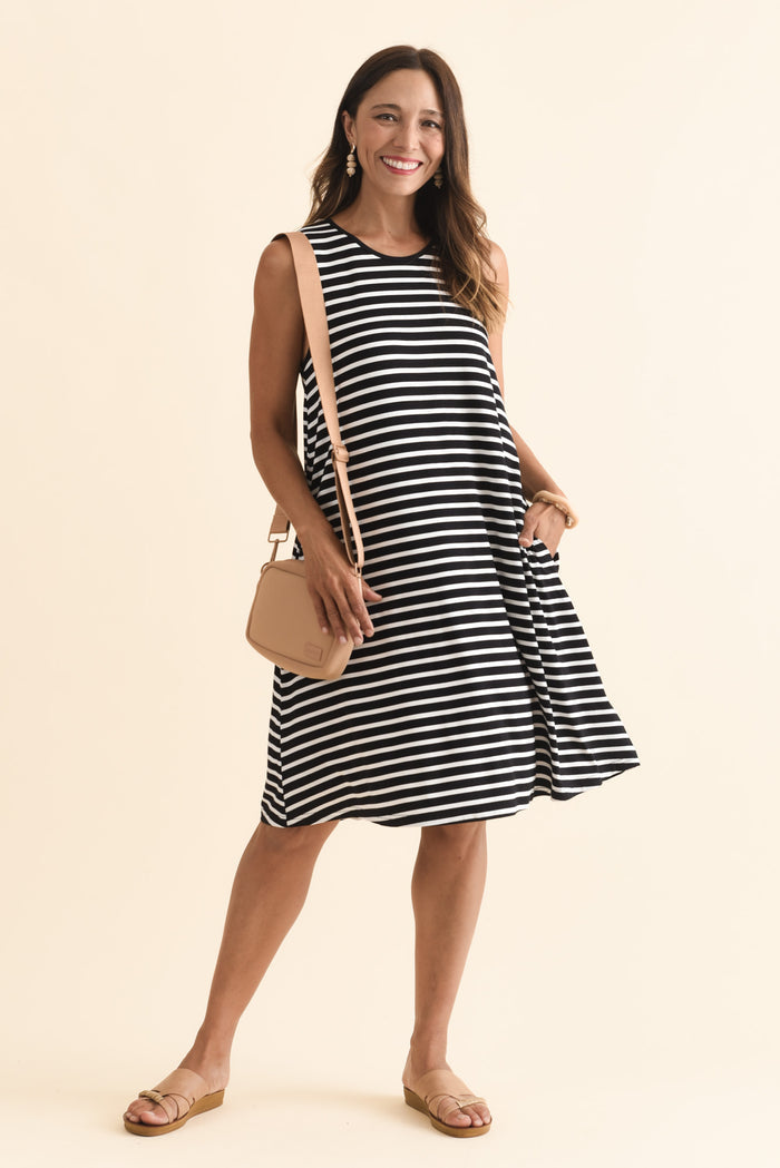 Romilda Black Stripe Bamboo Tank Dress,Brunette model,alt text|model:Cara