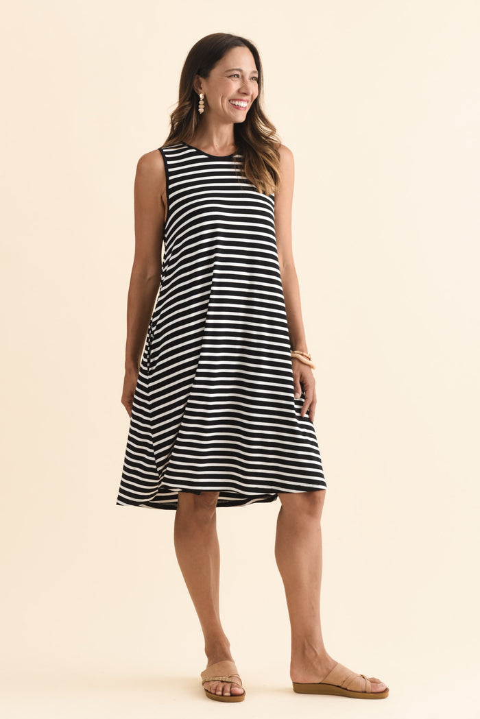 Romilda Black Stripe Bamboo Tank Dress,Brunette model,alt text|model:Cara