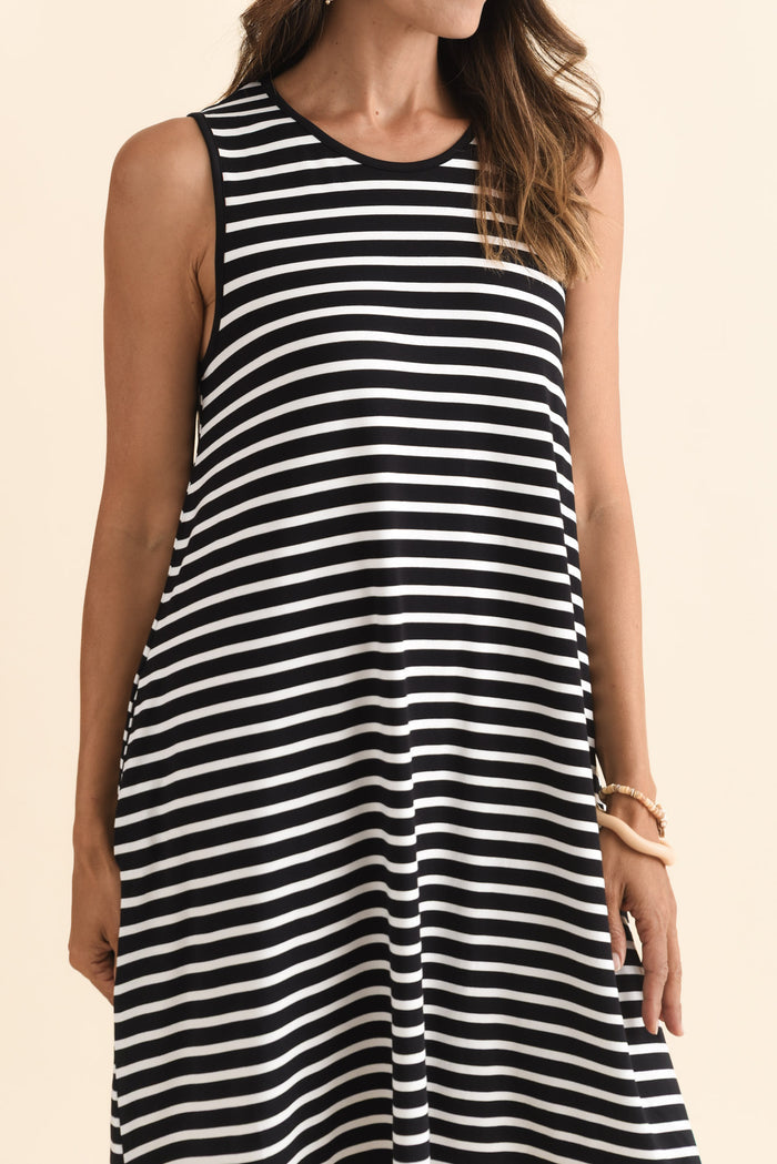 Romilda Black Stripe Bamboo Tank Dress,Brunette model,alt text|model:Cara