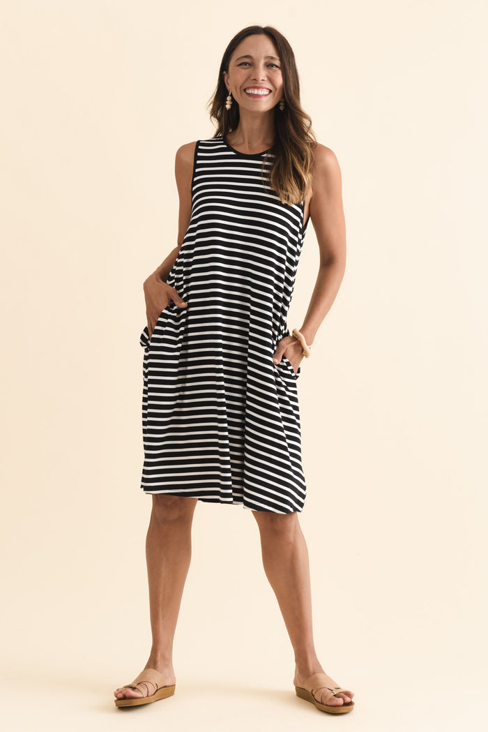Romilda Black Stripe Bamboo Tank Dress,Brunette model,alt text|model:Cara