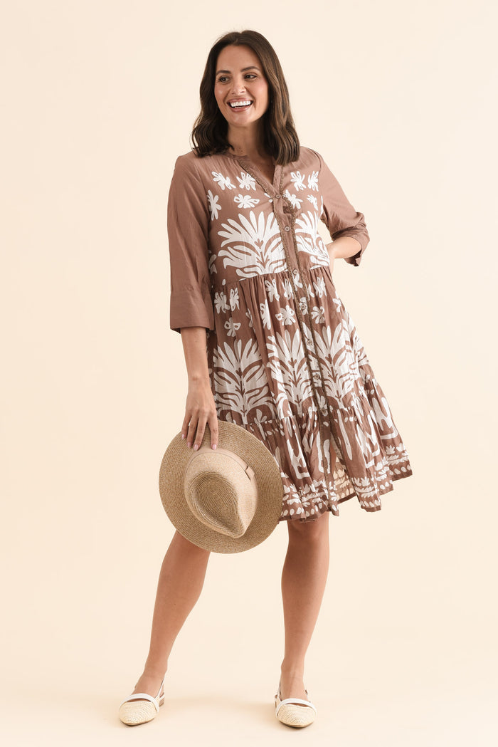 Romy Mocha Beach Crinkle Cotton Dress,Front,Brunette model,alt text|model:MJ