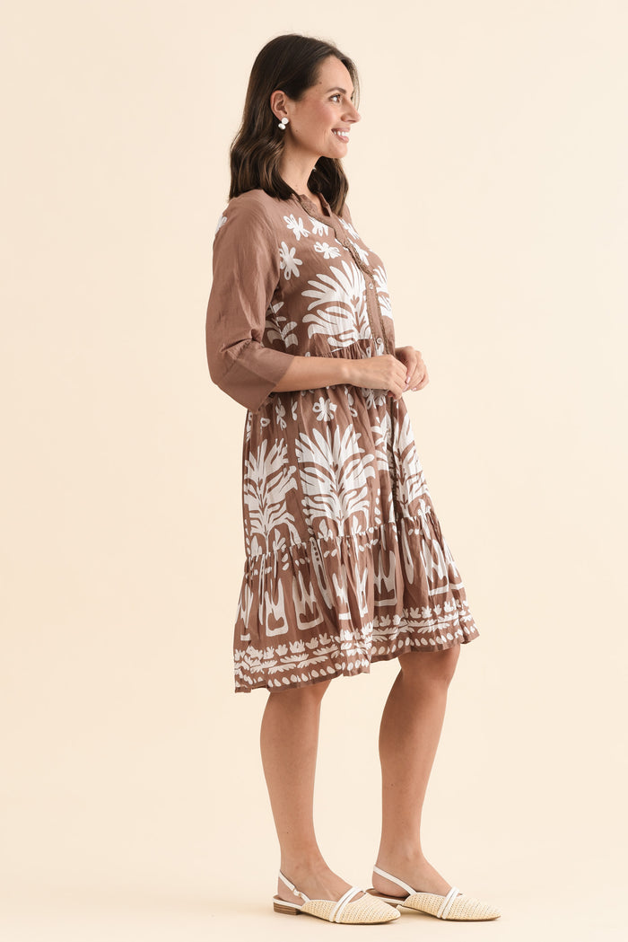 Romy Mocha Beach Crinkle Cotton Dress,Side,Brunette model,alt text|model:MJ