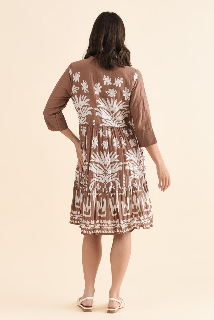 Romy Mocha Beach Crinkle Cotton Dress,Back,Brunette model,alt text|model:MJ