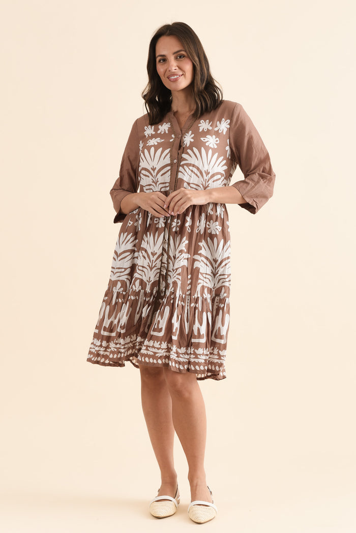 Romy Mocha Beach Crinkle Cotton Dress,Full Body,Brunette model,alt text|model:MJ