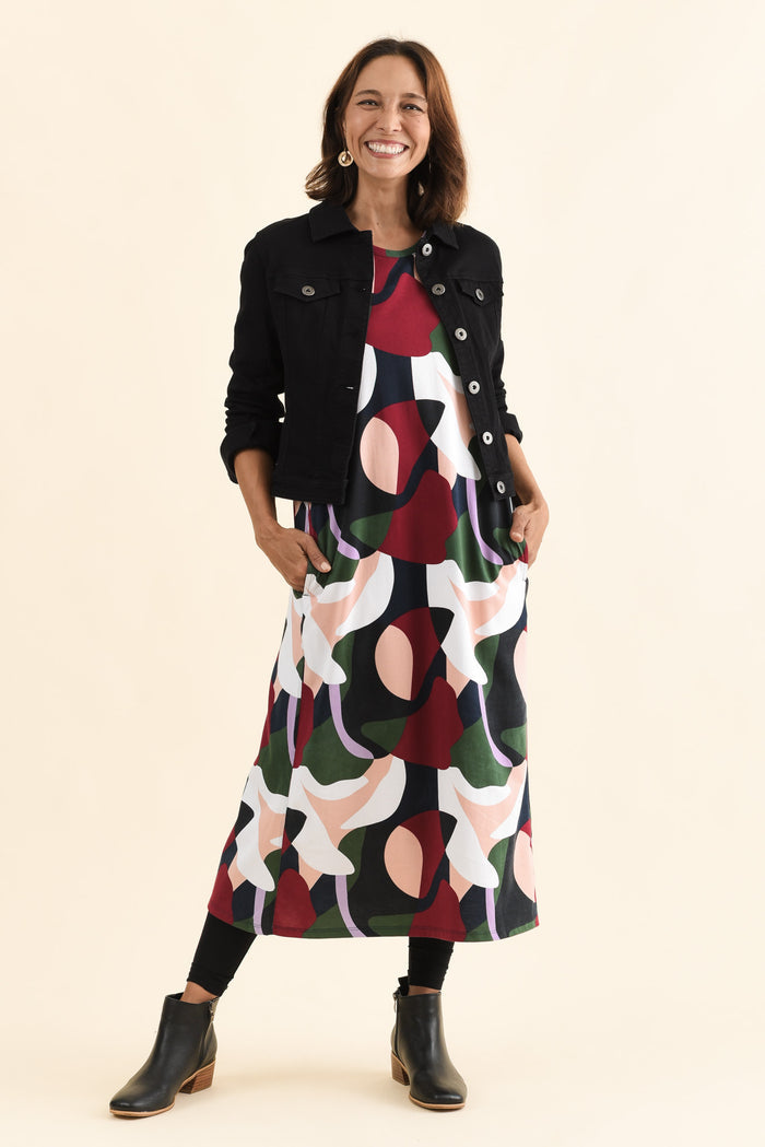 Ronja Red Abstract Cotton Pocket Dress,Front,Brunette model,alt text|model:Cara