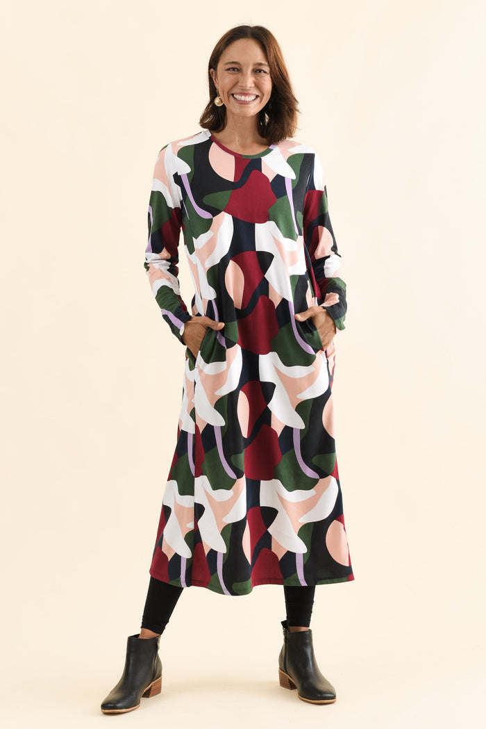 Ronja Red Abstract Cotton Pocket Dress,Full Body,Brunette model,alt text|model:Cara