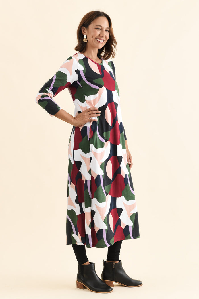 Ronja Red Abstract Cotton Pocket Dress,Side,Brunette model,alt text|model:Cara