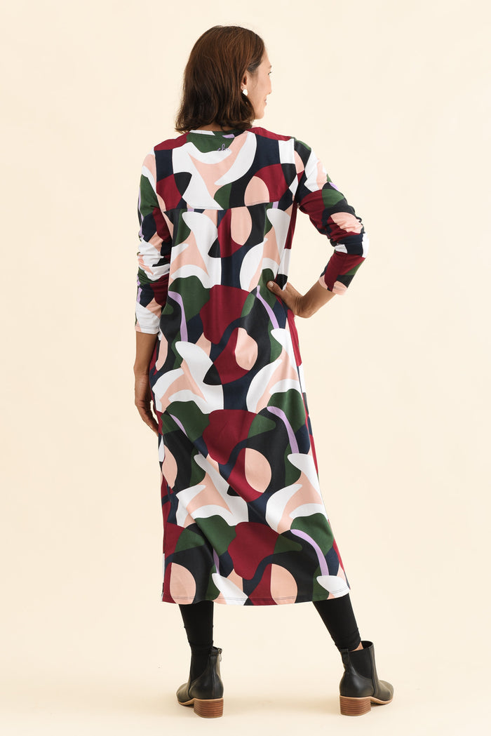 Ronja Red Abstract Cotton Pocket Dress,Back,Brunette model,alt text|model:Cara