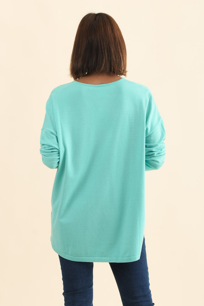 Ronnie Aqua Knit Jumper,Brunette model,alt text|model:Cara