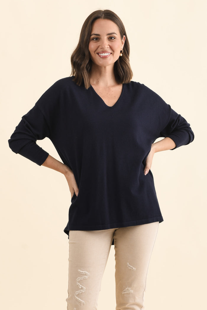 Ronnie Navy Knit Jumper,Brunette model,alt text|model:MJ
