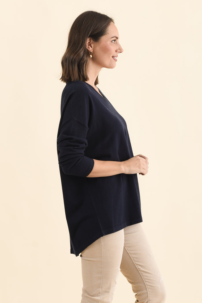 Ronnie Navy Knit Jumper,Brunette model,alt text|model:MJ