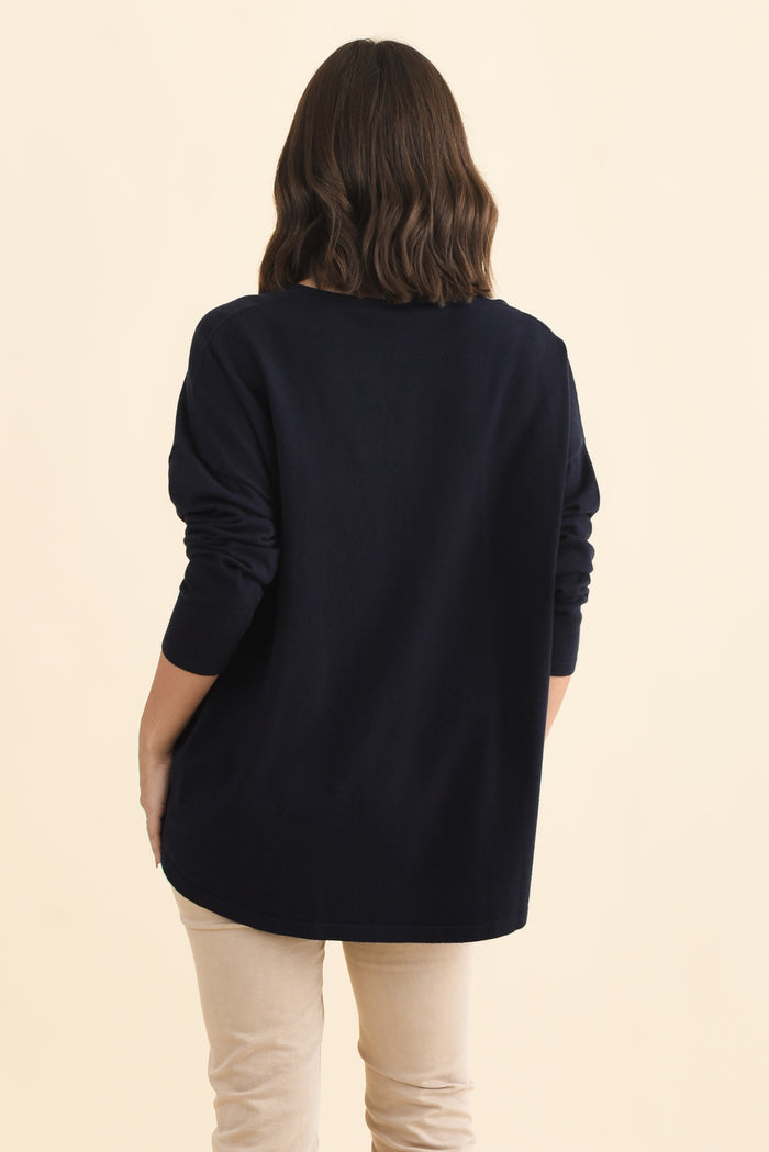 Ronnie Navy Knit Jumper,Brunette model,alt text|model:MJ