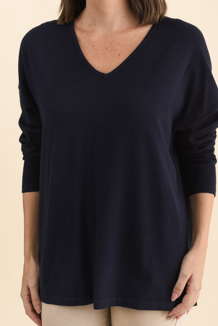 Ronnie Navy Knit Jumper,Brunette model,alt text|model:MJ
