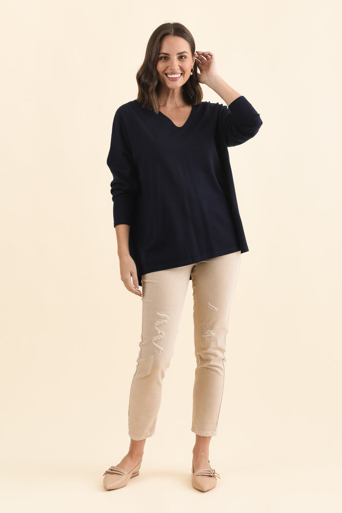 Ronnie Navy Knit Jumper,Brunette model,alt text|model:MJ