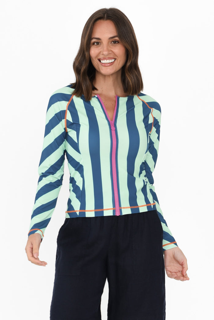 Rosa Blue Stripe Zip Rash Vest,Brunette model,alt text|model:MJ