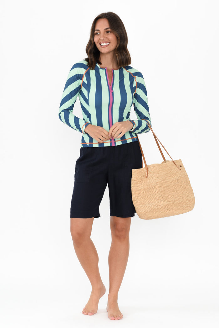 Rosa Blue Stripe Zip Rash Vest,Brunette model,alt text|model:MJ