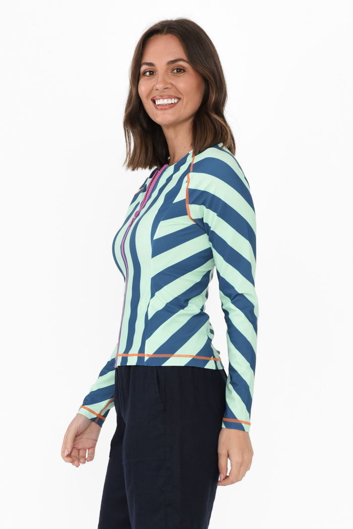 Rosa Blue Stripe Zip Rash Vest,Brunette model,alt text|model:MJ