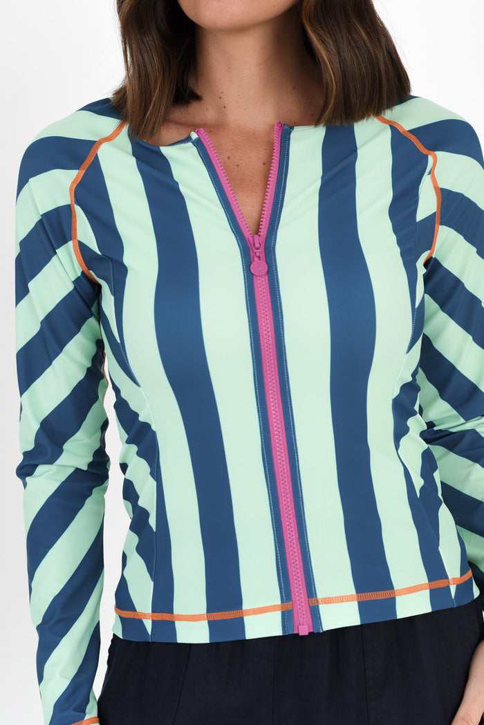 Rosa Blue Stripe Zip Rash Vest,Brunette model,alt text|model:MJ