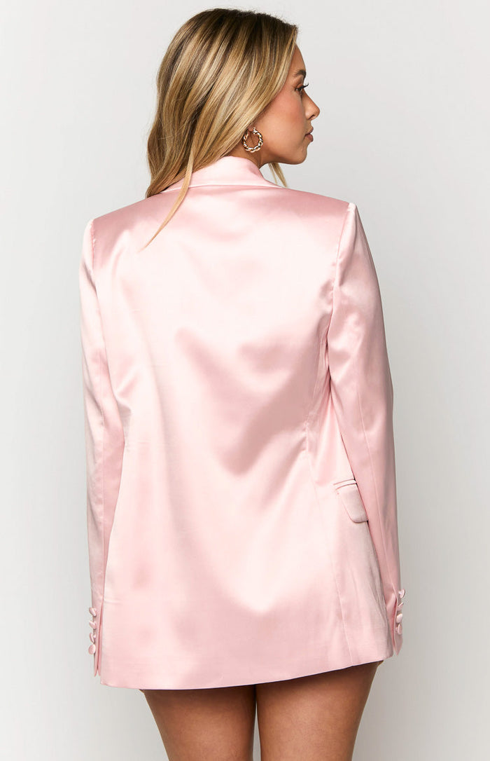 Rear and side view of a rose pink satin blazer, showing the smooth back and three buttons on each sleeve cuff