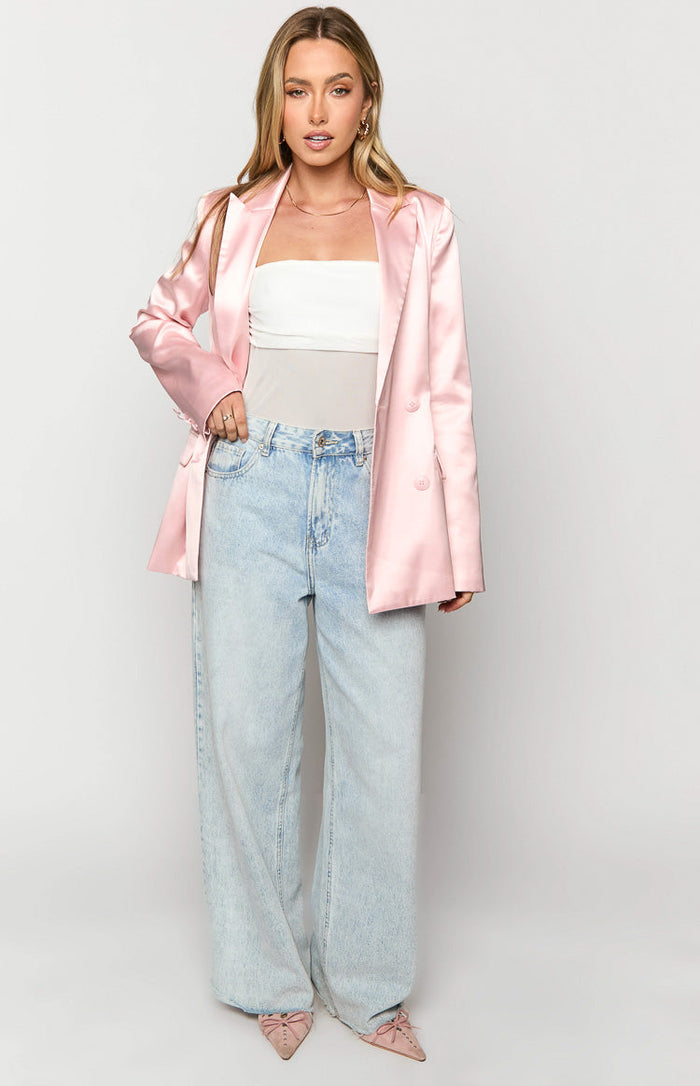 Rose pink satin blazer with a relaxed open fit, notched lapels, and double-breasted buttons