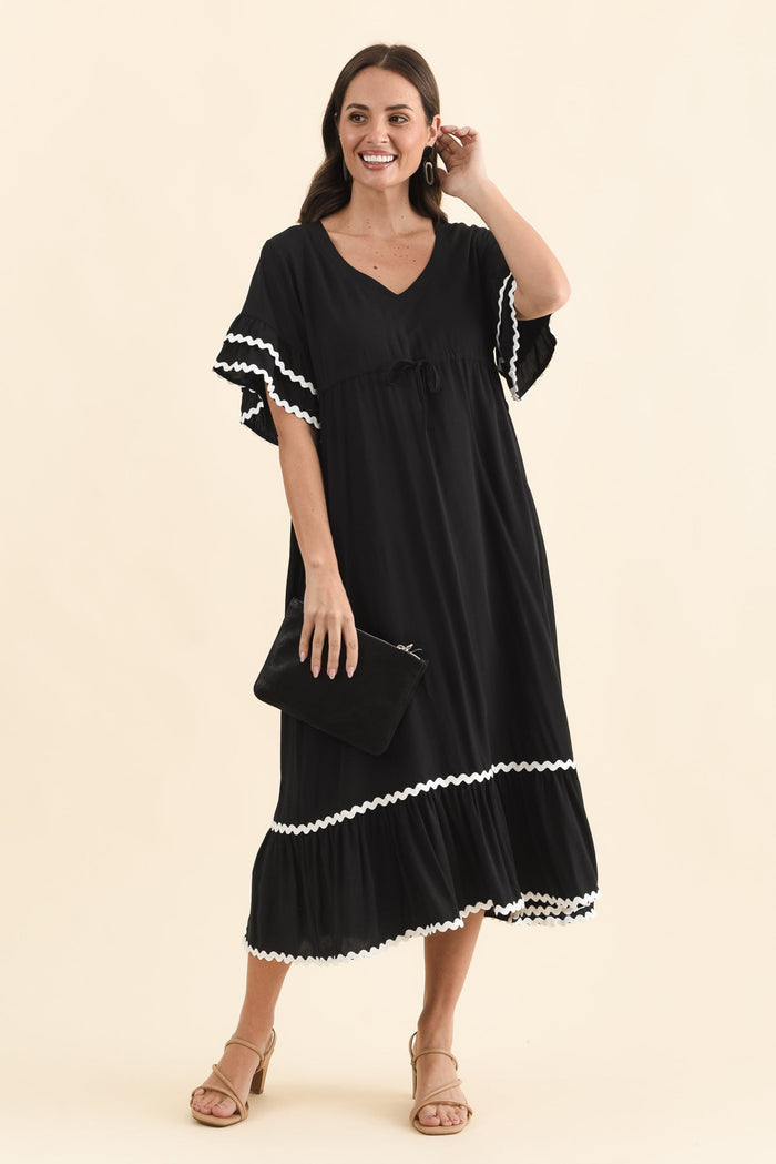 Rosemarie Black Frill Dress,Brunette model,alt text|model:MJ