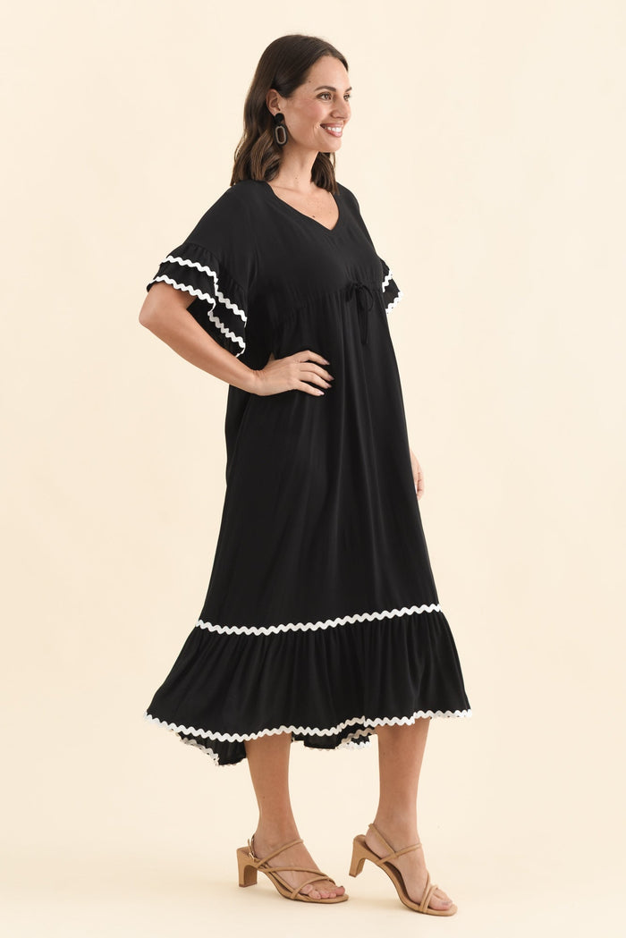 Rosemarie Black Frill Dress,Brunette model,alt text|model:MJ