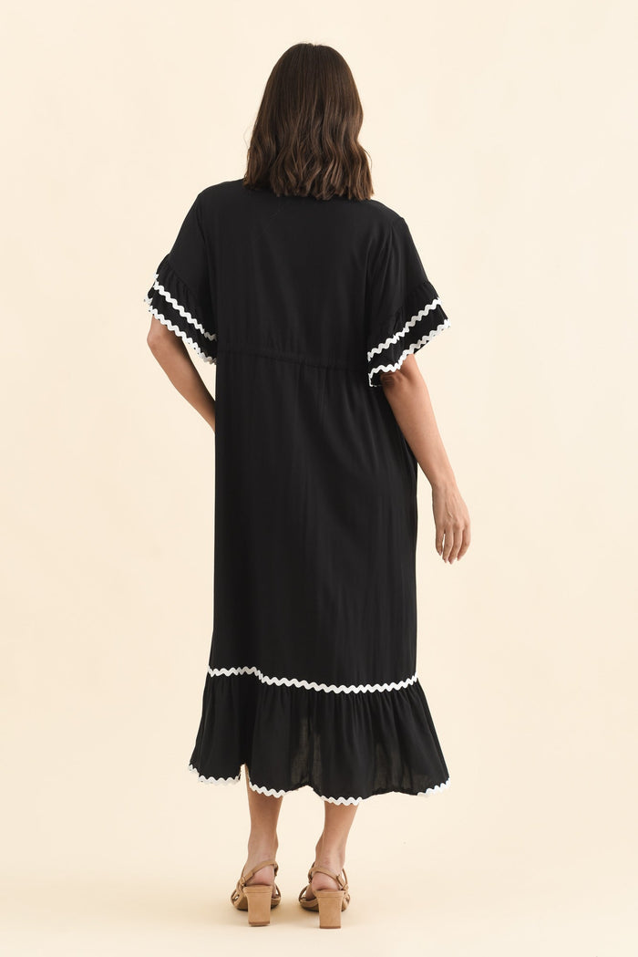 Rosemarie Black Frill Dress,Brunette model,alt text|model:MJ