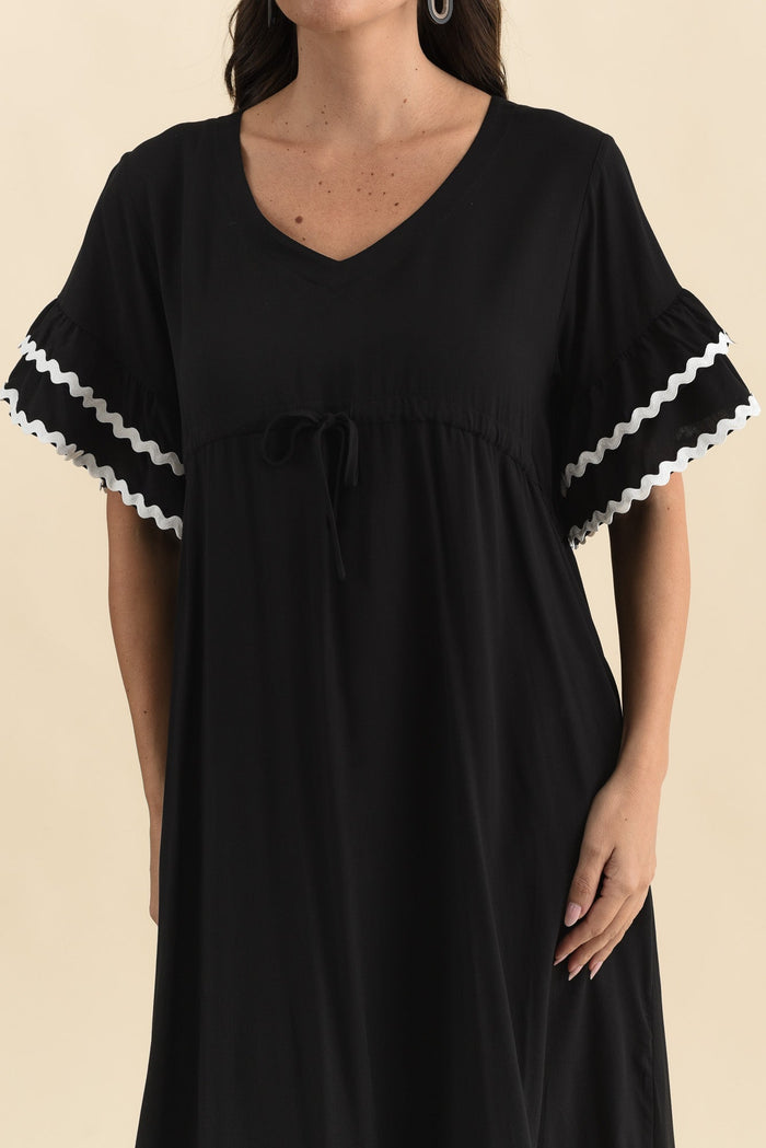 Rosemarie Black Frill Dress,Brunette model,alt text|model:MJ