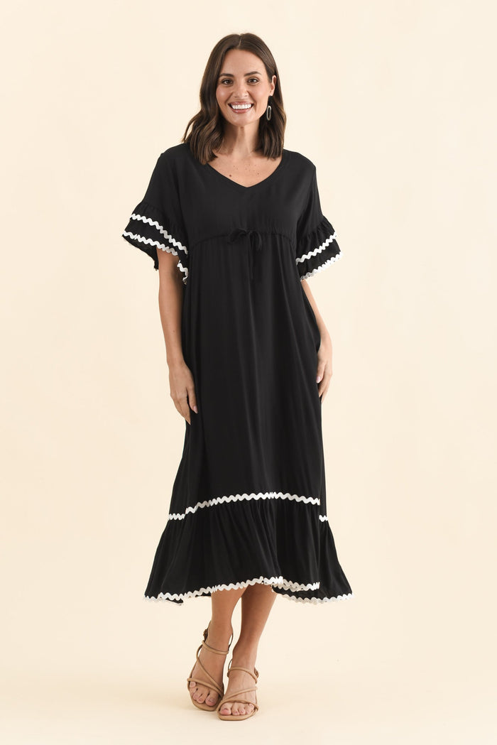 Rosemarie Black Frill Dress,Brunette model,alt text|model:MJ