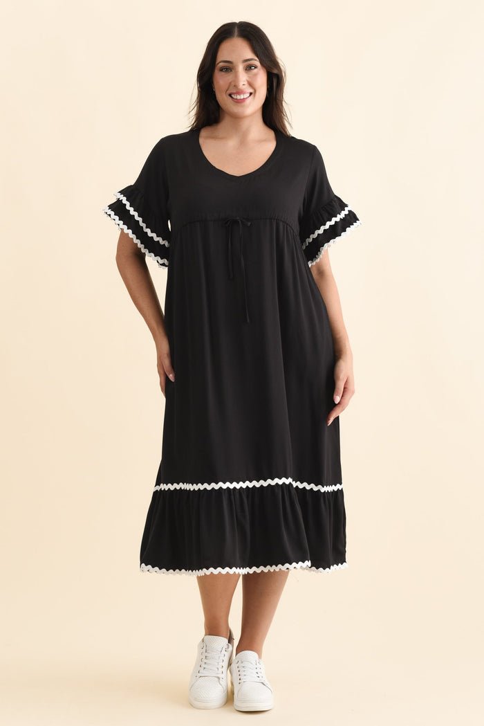 Rosemarie Black Frill Dress,Brunette model,alt text|model:Emilia