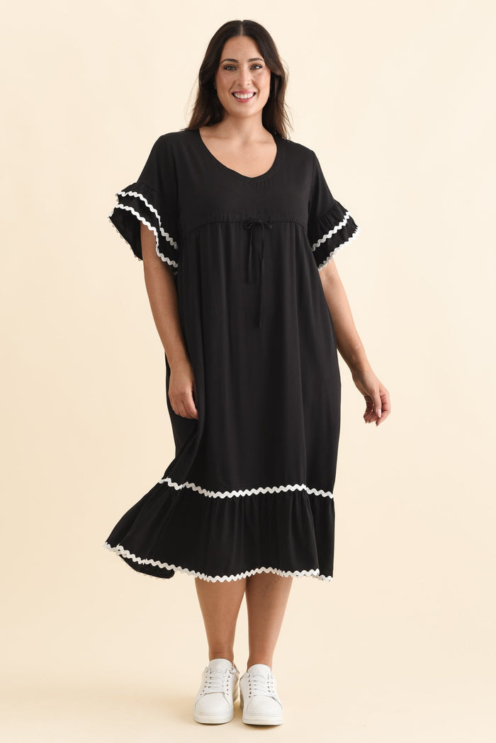 Rosemarie Black Frill Dress,Brunette model,alt text|model:Emilia