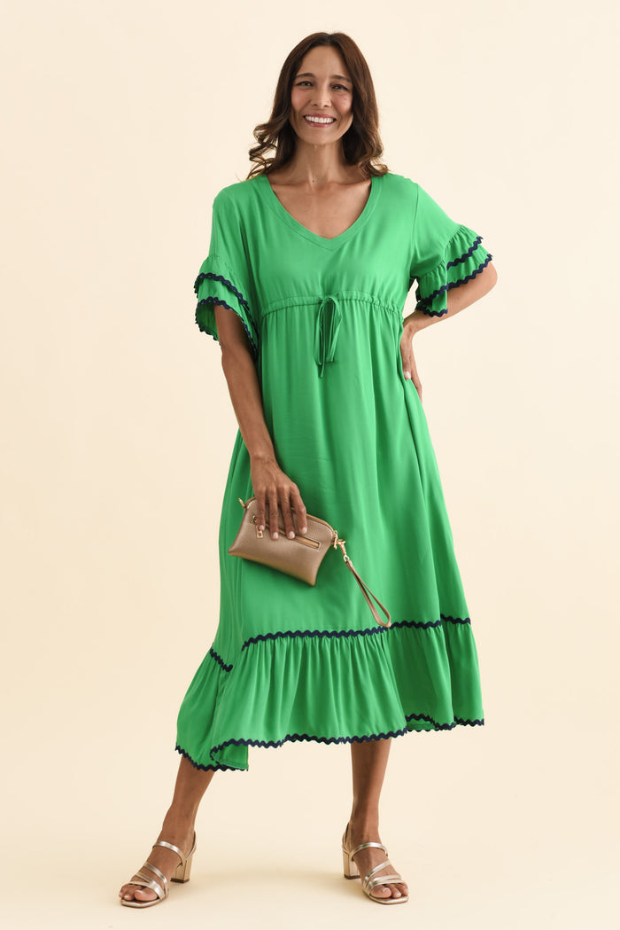 Rosemarie Green Contrast Frill Dress,Brunette model,alt text|model:Cara