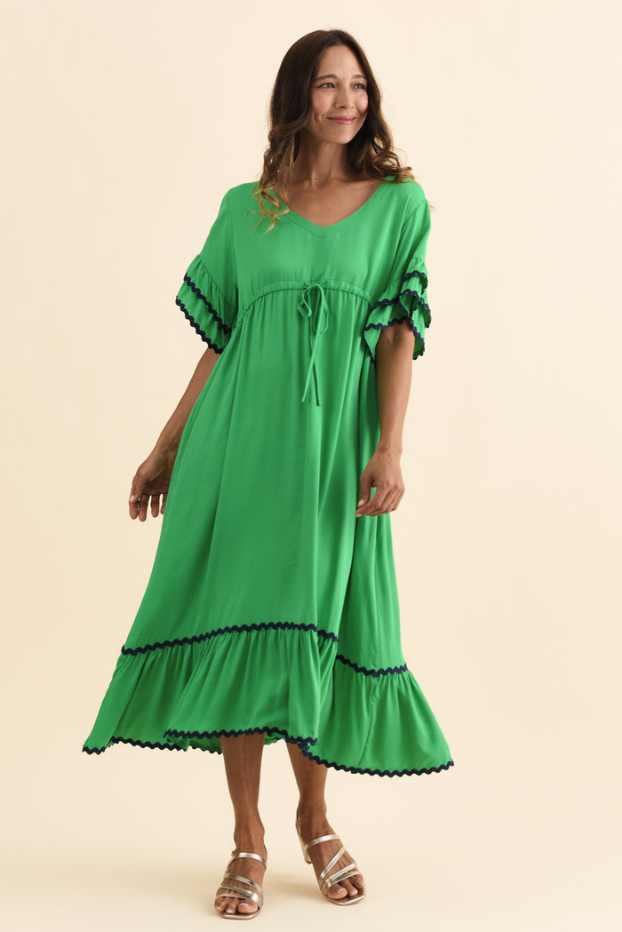 Rosemarie Green Contrast Frill Dress,Brunette model,alt text|model:Cara