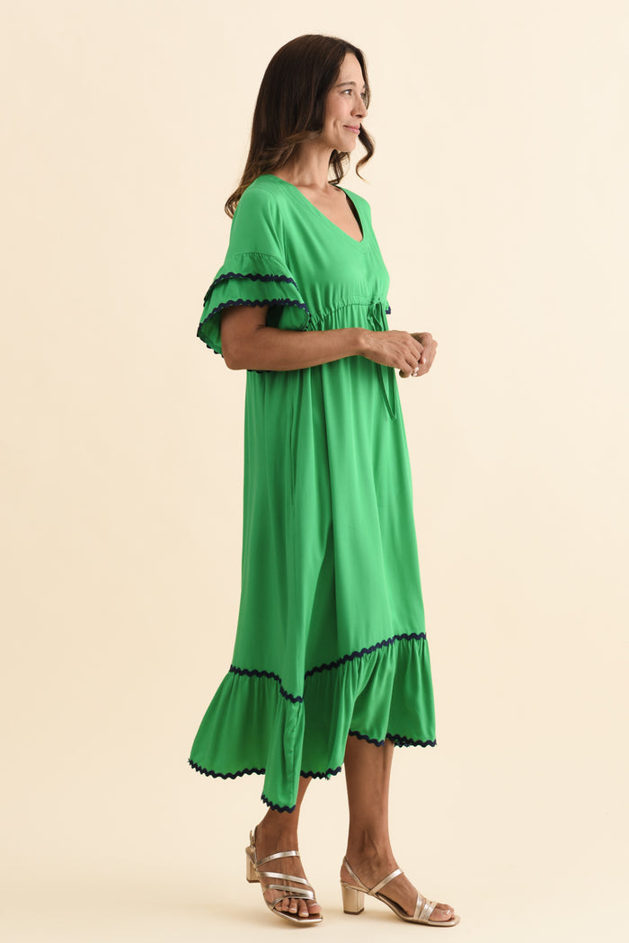 Rosemarie Green Contrast Frill Dress,Brunette model,alt text|model:Cara