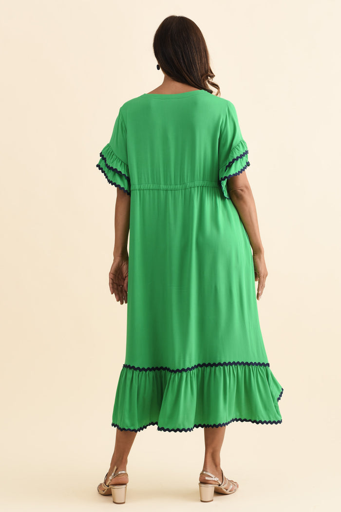 Rosemarie Green Contrast Frill Dress,Brunette model,alt text|model:Cara