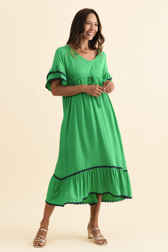 Rosemarie Green Contrast Frill Dress,Brunette model,alt text|model:Cara
