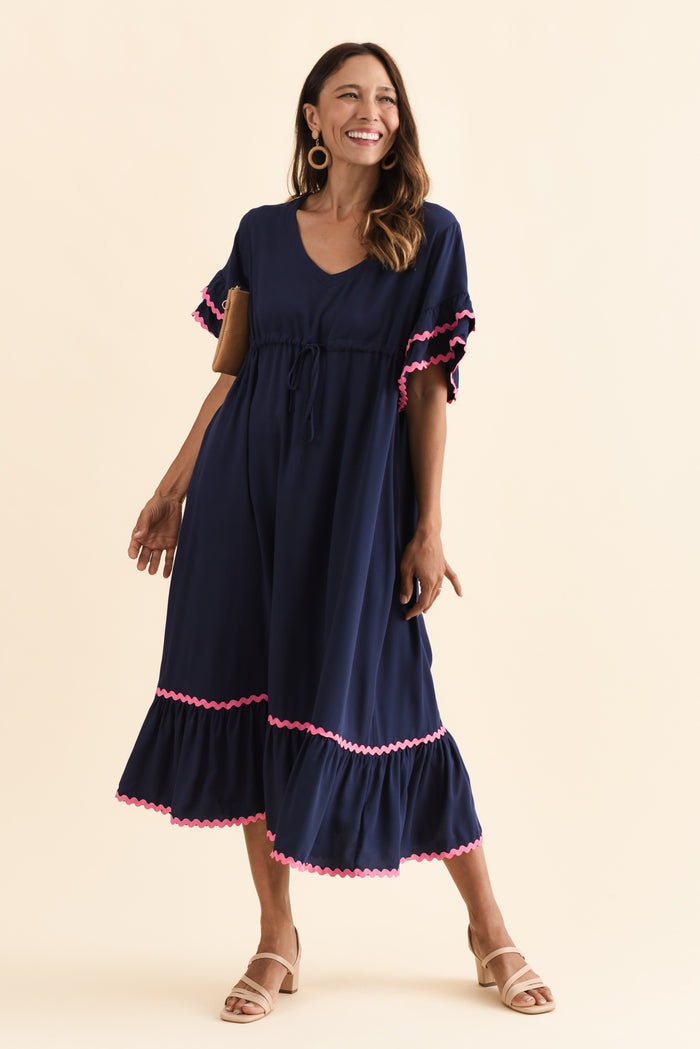 Rosemarie Navy Contrast Frill Dress,Brunette model,alt text|model:Cara