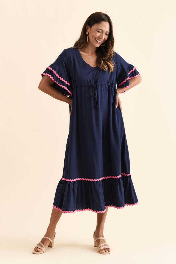 Rosemarie Navy Contrast Frill Dress,Brunette model,alt text|model:Cara