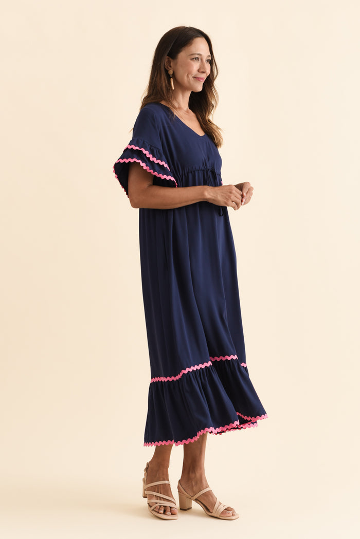 Rosemarie Navy Contrast Frill Dress,Brunette model,alt text|model:Cara