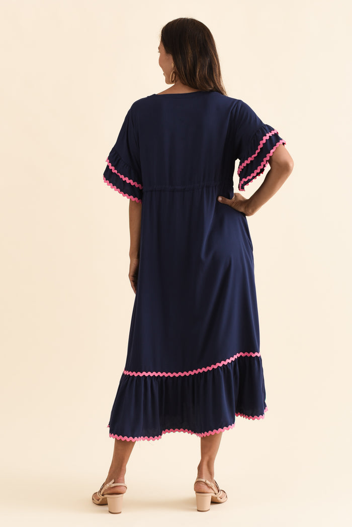 Rosemarie Navy Contrast Frill Dress,Brunette model,alt text|model:Cara