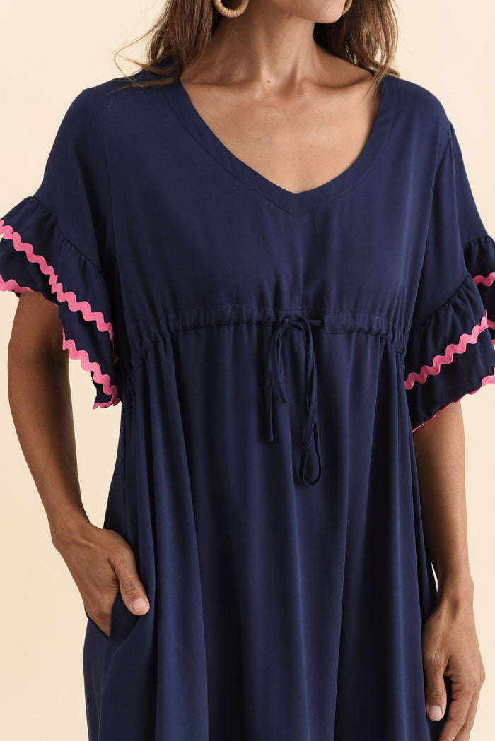 Rosemarie Navy Contrast Frill Dress,Brunette model,alt text|model:Cara
